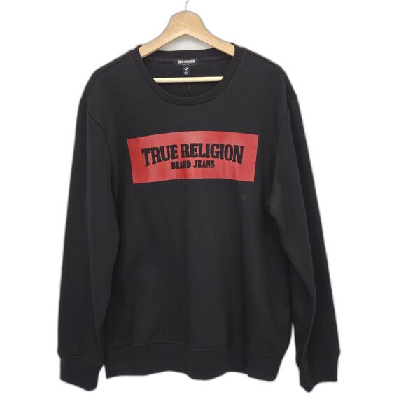 New True Religion Mens Embossed Arch Crewneck Sweatshirt Black Red Large - Picture 1 of 4